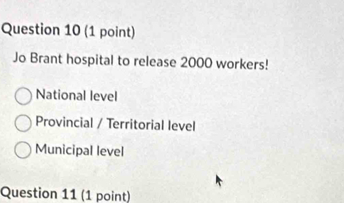 Jo Brant hospital to release 2000 workers!
National level
Provincial / Territorial level
Municipal level
Question 11 (1 point)