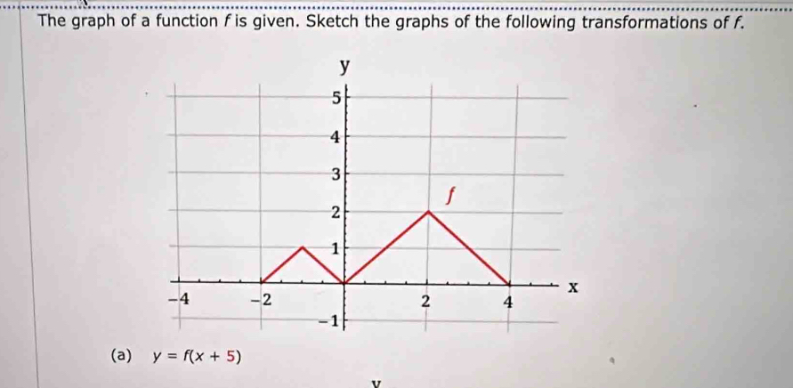 The graph of a function f is given. Sketch the graphs of the following transformations of f.
y
5
4
3
f
2
1
x
-4 -2 2 4
-1
(a) y=f(x+5)
v