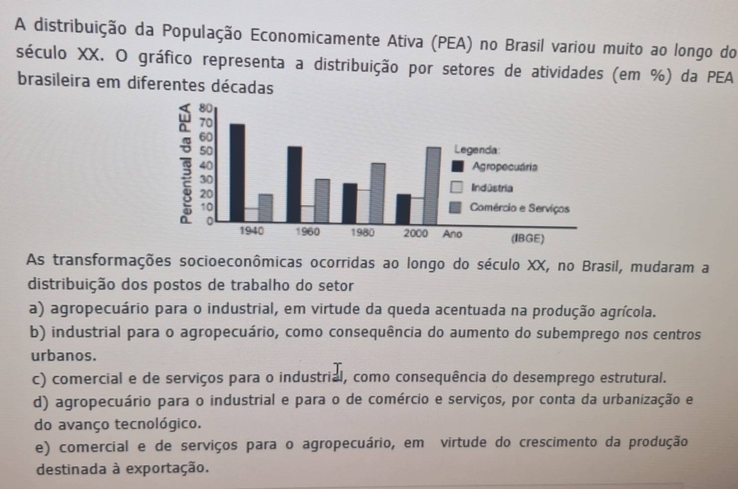 A distribuição da População Economicamente Ativa (PEA) no Brasil variou muito ao longo do
século XX. O gráfico representa a distribuição por setores de atividades (em %) da PEA
brasileira em diferentes décadas
As transformações socioeconômicas ocorridas ao longo do século XX, no Brasil, mudaram a
distribuição dos postos de trabalho do setor
a) agropecuário para o industrial, em virtude da queda acentuada na produção agrícola.
b) industrial para o agropecuário, como consequência do aumento do subemprego nos centros
urbanos.
c) comercial e de serviços para o industrial, como consequência do desemprego estrutural.
d) agropecuário para o industrial e para o de comércio e serviços, por conta da urbanização e
do avanço tecnológico.
e) comercial e de serviços para o agropecuário, em virtude do crescimento da produção
destinada à exportação.