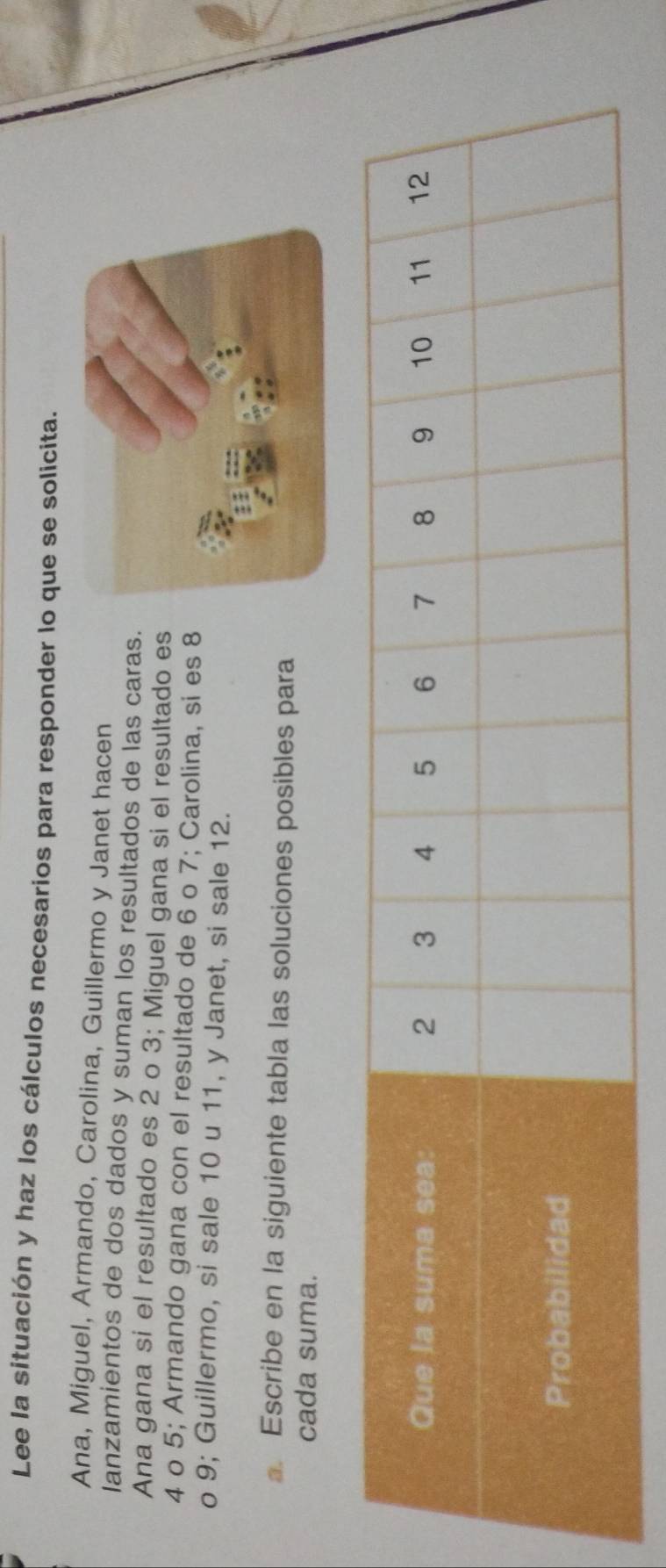 Lee la situación y haz los cálculos necesarios para responder lo que se solicita. 
Ana, Miguel, Armando, Carolina, Guillermo y Janet hacen 
lanzamientos de dos dados y suman los resultados de las caras. 
Ana gana si el resultado es 2 o 3; Miguel gana si el resultado es
4 o 5; Armando gana con el resultado de 6 o 7; Carolina, si es 8
o 9; Guillermo, si sale 10 u 11, y Janet, si sale 12. 
. Escribe en la siguiente tabla las soluciones posibles para 
cada suma.