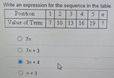 Write an expression for the sequence in the table.
7n
7n+3
3n+4
n+3