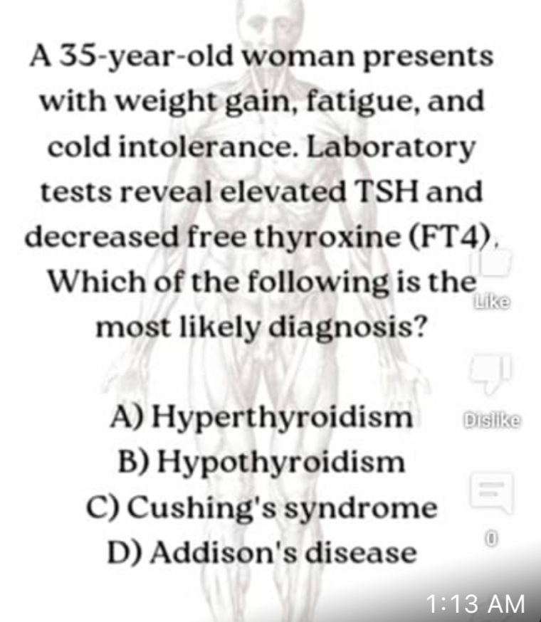 Solved: A 35-year-old woman presents with weight gain, fatigue, and ...