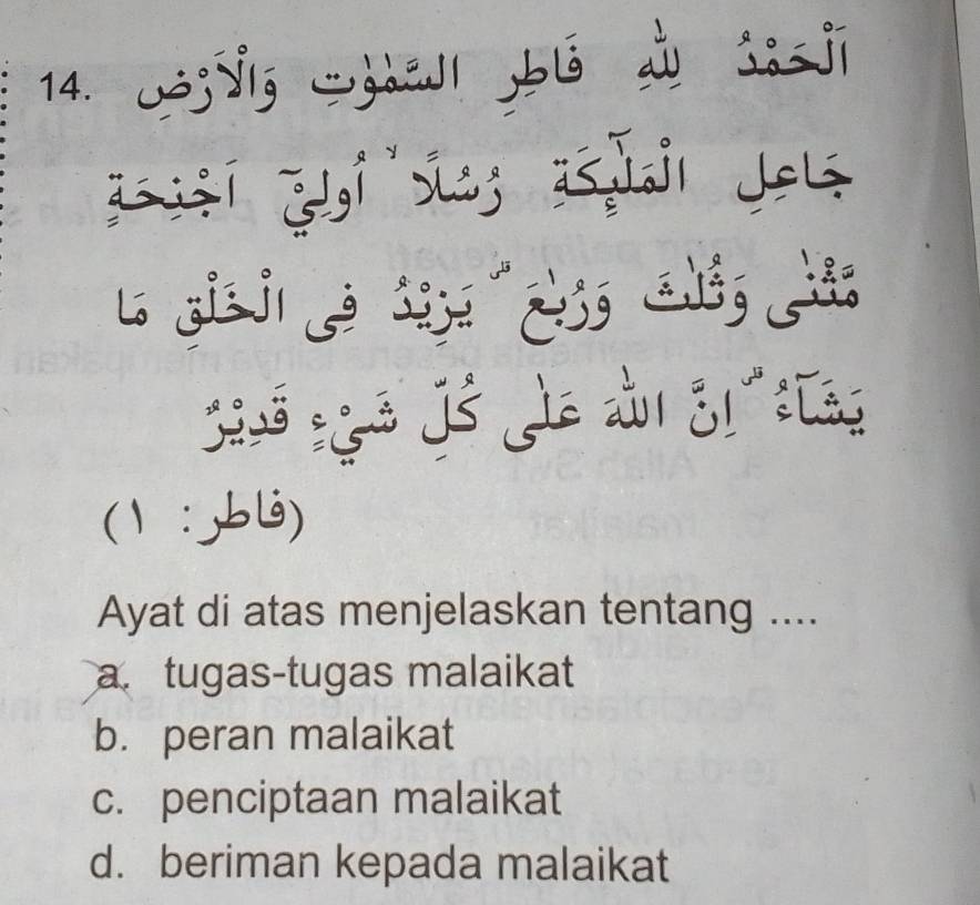 L3S San bé d Sii
(1:,bl)
Ayat di atas menjelaskan tentang ....
a. tugas-tugas malaikat
b. peran malaikat
c. penciptaan malaikat
d. beriman kepada malaikat