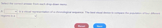 Select the correct answer from each drop-down menu. 
A is a visual representation of a chronollogical sequence. The best visual device to compare the population of four different 
regions is a 
Reset Next