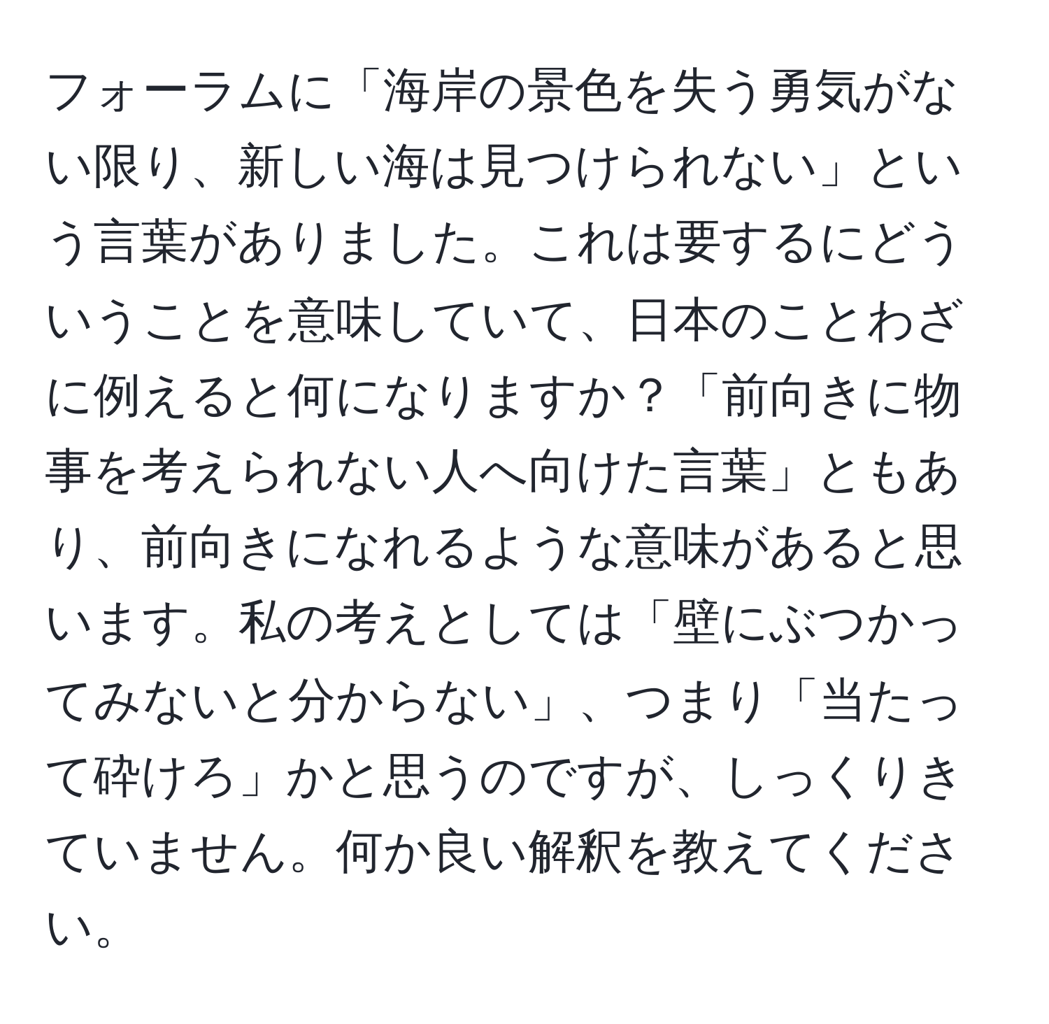 フォーラムに「海岸の景色を失う勇気がない限り、新しい海は見つけられない」という言葉がありました。これは要するにどういうことを意味していて、日本のことわざに例えると何になりますか？「前向きに物事を考えられない人へ向けた言葉」ともあり、前向きになれるような意味があると思います。私の考えとしては「壁にぶつかってみないと分からない」、つまり「当たって砕けろ」かと思うのですが、しっくりきていません。何か良い解釈を教えてください。