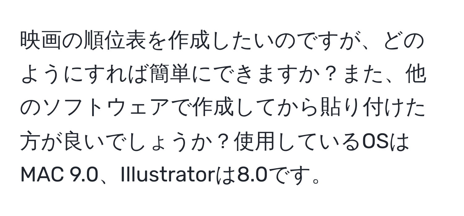 映画の順位表を作成したいのですが、どのようにすれば簡単にできますか？また、他のソフトウェアで作成してから貼り付けた方が良いでしょうか？使用しているOSはMAC 9.0、Illustratorは8.0です。