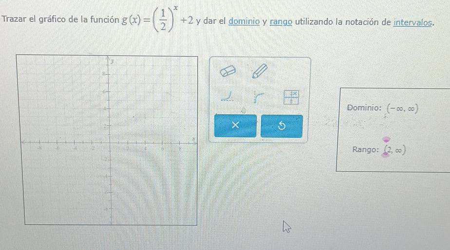 Trazar el gráfico de la función g(x)=( 1/2 )^x+2 y dar el dominio y rango utilizando la notación de intervalos.
frac p
Dominio: (-∈fty ,∈fty )
× 
Rango: (2,∈fty )