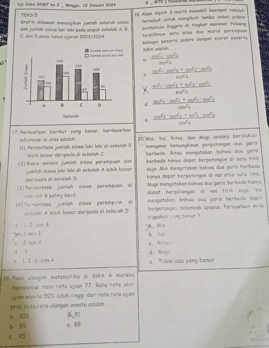 Uji Coba SNBT ke 2 _ Minggu, 12 Januari 2024 G MTK I Penalaran Mütem
TEKS 5
19. Akan dipılih 3 murid mewakili keempat sekolah
Grafik dibawah menyajikan jumlah seluruh siswa tersebut untuk mengikuti lomba debat pidato
dan jumlah siswa laki laki pada empat sekolah A, B, berbahasa Inggris di tingkat nasional. Peluang
C, dan D pada tahun ajaran 2023/2024.
terpilihnya satu atau dua murid perempuan
sebagai peserta pidato dengan syarat peserta
SMA adalah .
frac 150C_2· 100C_2250C_3
a.
b frac 150C_1· _100C_2+_150C_2· _100C_1810C_3
frac 50C_1· _100C_2+50C_2· _100C_1810C_3
d. frac 150C_2· _100C_1+_150C_1· _100C_2250C_3
e. frac 150C_2· _100C_2+50C_1· _100C_2150C_3
17. Pernyataan berikut yang benar, berdasarkan
informasi di atas adalah . .. 20. Mio, Yui, Ritsu, dan Mugi sedang berdiskusi
(1) Persentase jumlah siswa laki laki di sekolah B mengenai kemungkinan perpotongan dua gar:s
lebih besar darıpada di sekolah C berbeda. Ritsu mengatakan bahwa dua garis
(2)Rasio antara jumlah siswa perempuan don berbeda hanya dapat berpotongan di satu titik 
jumlah siswa laki laki di sekolah A lebih besar saja. Mio mengatakan bahwa dua garis herbeda
daripada di sekolah D hanya dapat berpotongan di nol atau satu titik.
(3) Persentase jumlah siswa perempuan di Mugi mengatakan bahwa dua garıs berbeda hanya
sekalah B paling kecil dapat berpotongan di nol titik saja. Yui
(4) Persentase jumlah siswa perempuan di mengatakan bahwa dua garis berbeda dapt.
sekoiah A lebih besor daripada di sekolah D berpotongan sebanyak apapun, Pernyataon milik
sapakoh yang benar ?
a. 1 2. dan 3 Mic
1 dan 3 b. Yui
c. 2 dan 4 c. Ritsu
d 4 d. Mug
e. 1,2. 3, dan 4 e. Tidak ada yang benar
18. Pada ulangan matematika di SMA A mereka
mempunya: raïa rata ujian 77. Rata rata skor
ujian wanita 50% lebih Tinggi dari rata rata ujian
pria. Rata rata ulangan wanita adalah . . .
a. 100
d 91
b. 99
e. 88
c 95