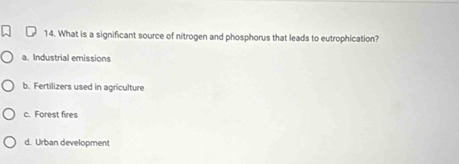 What is a significant source of nitrogen and phosphorus that leads to eutrophication?
a. Industrial emissions
b. Fertilizers used in agriculture
c. Forest fires
d. Urban development