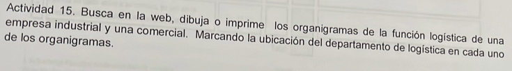 Actividad 15. Busca en la web, dibuja o imprime los organigramas de la función logística de una 
empresa industrial y una comercial. Marcando la ubicación del departamento de logística en cada uno 
de los organigramas.