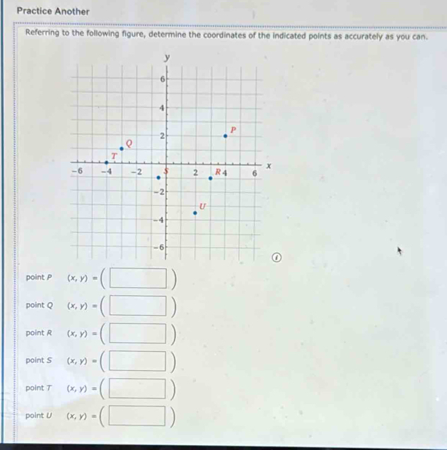 Practice Another
Referring to the following figure, determine the coordinates of the indicated points as accurately as you can.
point P (x,y)=(□ )
point Q (x,y)=(□ )
point R (x,y)=(□ )
point S (x,y)=(□ )
point T (x,y)=(□ )
point U (x,y)=(□ )