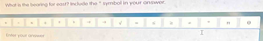 What is the bearing for east? Include the ° symbol in your answer.
+ ` x + 1 a - √ = s 2 * o π θ
Enter your answer