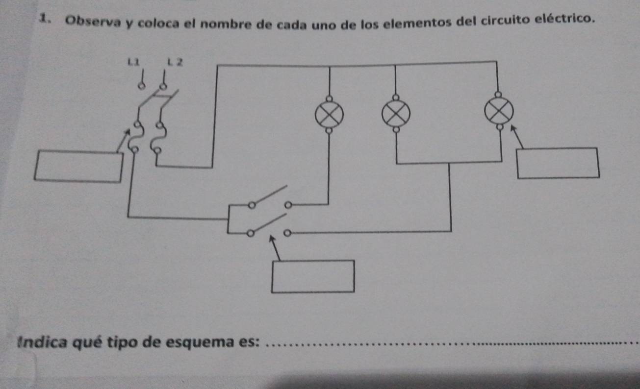 Observa y coloca el nombre de cada uno de los elementos del circuito eléctrico. 
Indica qué tipo de esquema es:_