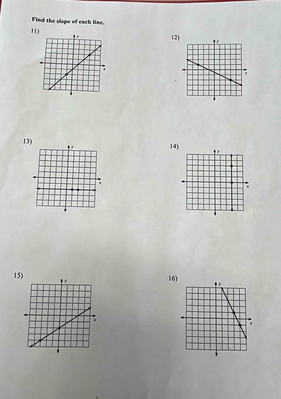 Find the slope of each line. 
11 
12 
13) 
14) 
15) 16)