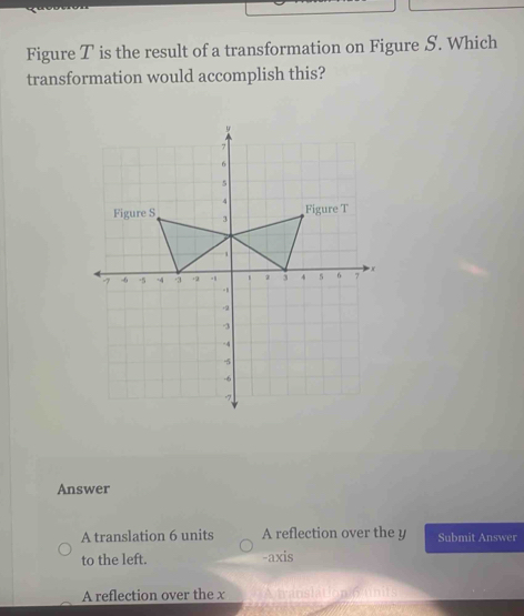 Figure T is the result of a transformation on Figure S. Which
transformation would accomplish this?
Answer
A translation 6 units A reflection over the y Submit Answer
to the left. -axis
A reflection over the x A translation o units