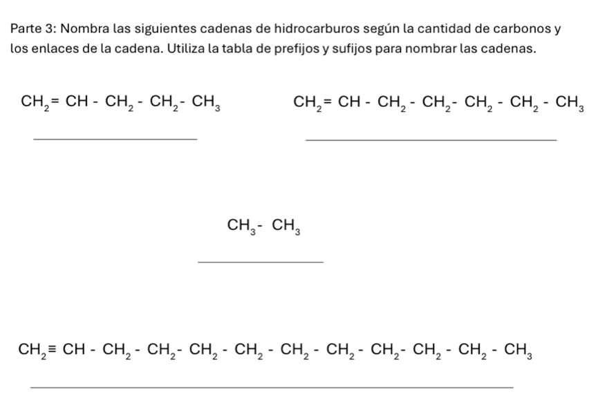 Parte 3: Nombra las siguientes cadenas de hidrocarburos según la cantidad de carbonos y 
los enlaces de la cadena. Utiliza la tabla de prefijos y sufijos para nombrar las cadenas.
CH_2=CH-CH_2-CH_2-CH_3 CH_2=CH-CH_2-CH_2-CH_2-CH_2-CH_3
__
CH_3-CH_3
_
CH_2equiv CH-CH_2-CH_2-CH_2-CH_2-CH_2-CH_2-CH_2-CH_2-CH_2-CH_3
_