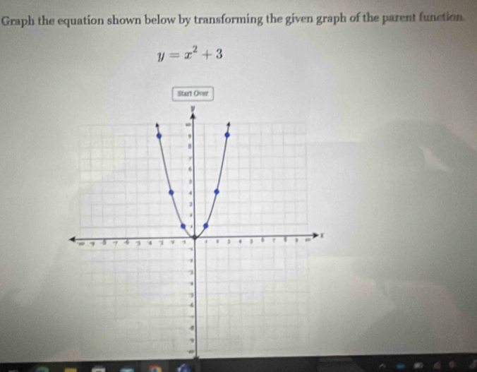 Graph the equation shown below by transforming the given graph of the parent function
y=x^2+3
Start Over