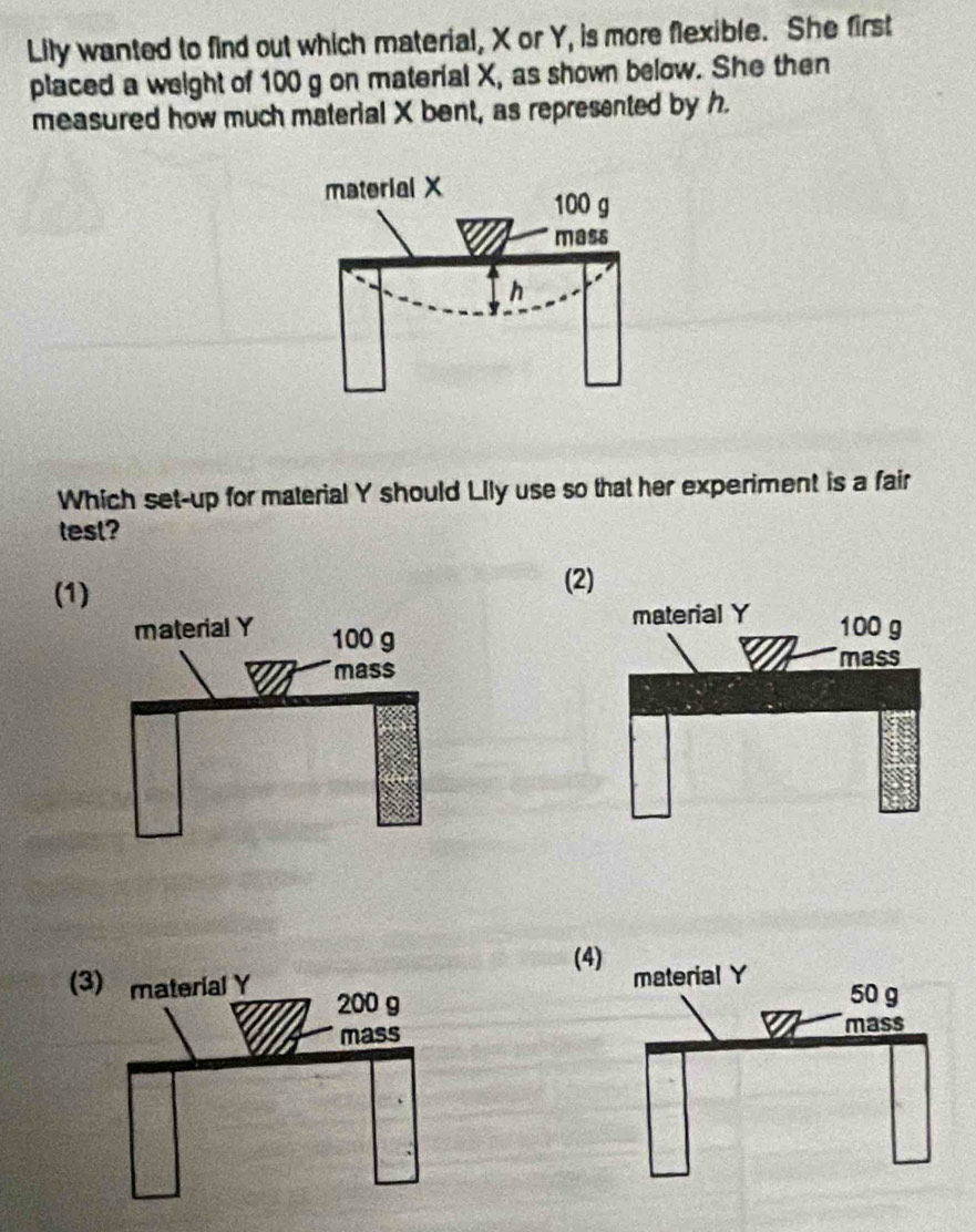 Lily wanted to find out which material, X or Y, is more flexible. She first
placed a weight of 100 g on material X, as shown below. She then
measured how much material X bent, as represented by h.
Which set-up for material Y should Lily use so that her experiment is a fair
test?
(1) (2)
(4
(3