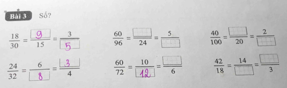 Số? 
;÷  60/96 = □ /24 = 5/□    40/100 = □ /20 = 2/□  
 42/18 = 14/□  = □ /3 