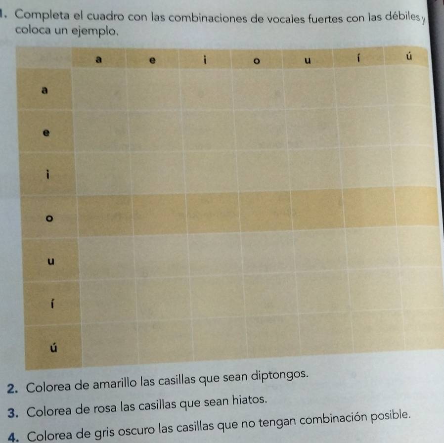 Completa el cuadro con las combinaciones de vocales fuertes con las débiles y 
coloca un ejemplo. 
2. Colorea de amarillo las casillas que s 
3. Colorea de rosa las casillas que sean hiatos. 
4. Colorea de gris oscuro las casillas que no tengan combinación posible.