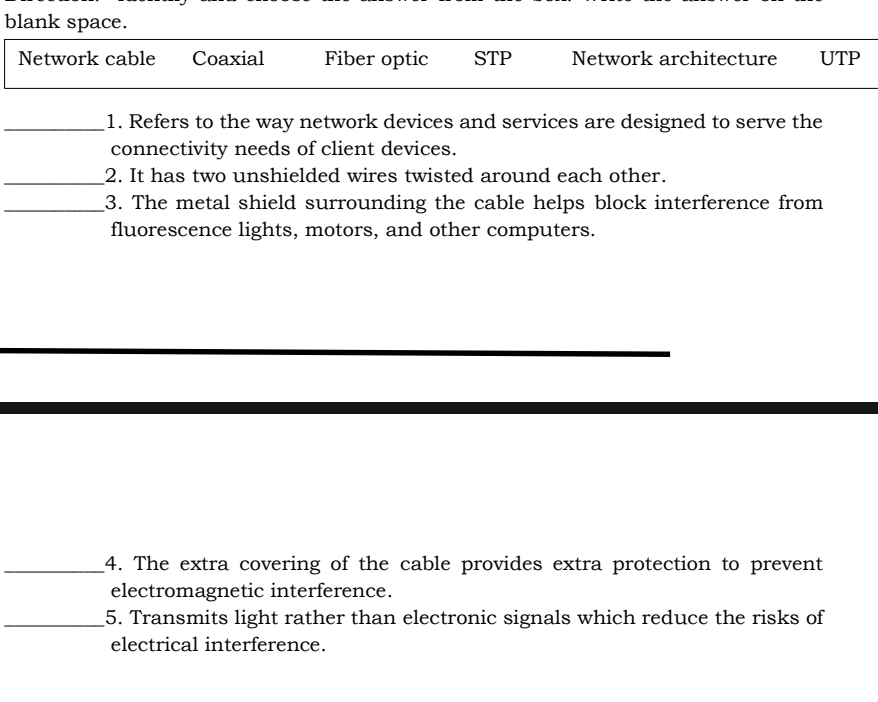 blank space.
Network cable Coaxial Fiber optic STP Network architecture UTP
_
_1. Refers to the way network devices and services are designed to serve the
connectivity needs of client devices.
_2. It has two unshielded wires twisted around each other.
_3. The metal shield surrounding the cable helps block interference from
fluorescence lights, motors, and other computers.
_4. The extra covering of the cable provides extra protection to prevent
electromagnetic interference.
_5. Transmits light rather than electronic signals which reduce the risks of
electrical interference.