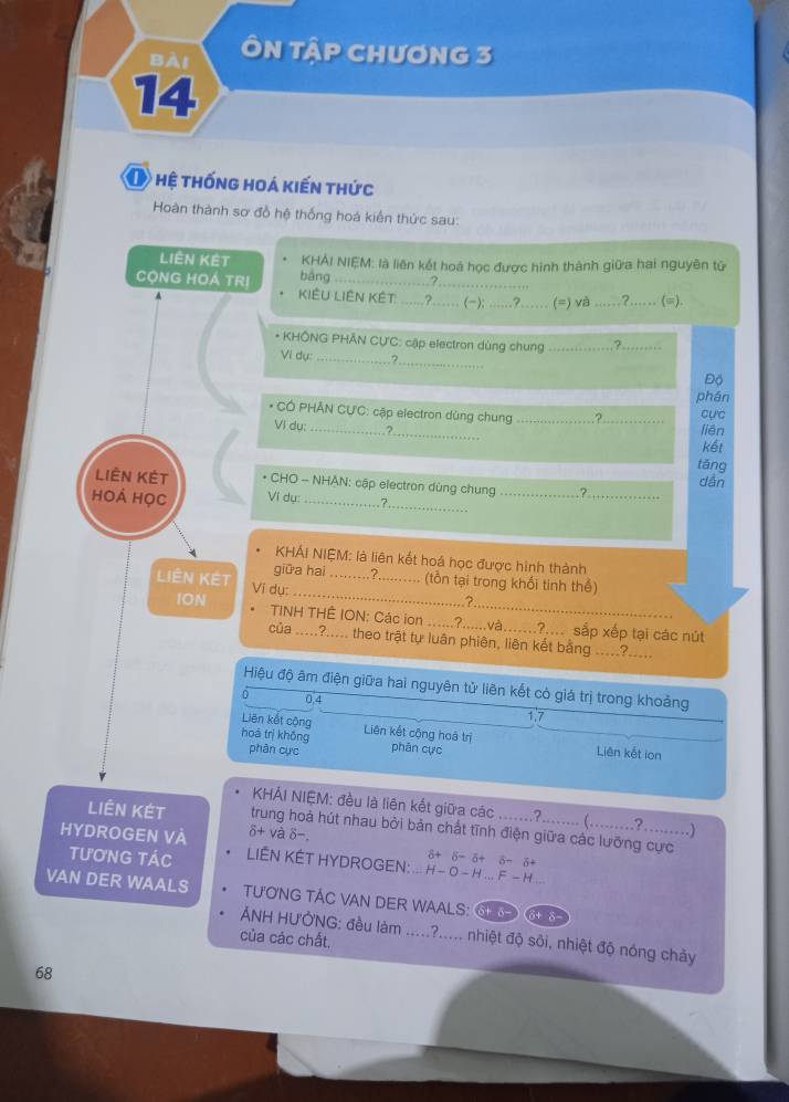 Bài ÔN TậP CHƯơNG 3
14
O hệ thống hoá kiến thức
Hoàn thành sơ đồ hệ thống hoá kiến thức sau:
KHẢI NIEM: là liên kết hoá học được hình thành giữa hai nguyên tử
Liên kết bāng ?
CONG HOÁ TRị Kiêu Liên Kết _?_ _(): _.?_ (=) và _?_ (=).
A
* KHÔNG PHÂN CƯ'C: cập electron dùng chung _?_
_
Vi dụ: _?
Độ
phán
* CÓ PHÂN CƯC: cập electron dùng chung_
cực
Vi dụ: _?_ liên kết
tǎng
dân
Liên Kết * CHO - NHÂN: cập electron dùng chung _?_
_
hoá học Ví dụ:_ 7
KHÁi NIEM: là liên kết hoá học được hình thành
giữa hai _.?_ (tổn tại trong khối tinh thể)
Liên Kết Ví dụ
2
ION TINH THÊ ION: Các ion ......?......và.......?.... sắp xếp tại các nút
của .?..... theo trật tự luân phiên, liên kết bằng .....?.....
Hiệu độ âm điện giữa hai nguyên tử liên kết có giá trị trong khoảng
0.4
1.7
hoá trị không Liên kết cộng hoà trị
Liên kết cộng Liên kết ion
phân cực phān cực
KHÁI NIÊM: đều là liên kết giữa các …?  ?..
Liên Kết δ+ và δ-,
trung hoà hút nhau bởi bản chất tĩnh điện giữa các lưỡng cực
……)
HYDROGEN VÀ LIÊN KÉT HYDROGEN:... H-O-H F-H
TƯơNG Tác
8+ 8- 5+ 8-2
VAN DER WAALS TƯƠNG TÁC VAN DER WAALS: δ+ δ  6+ δ
ẢNH HƯỞNG: đều làm .....?..... nhiệt độ sôi, nhiệt độ nóng chảy
của các chất.
68