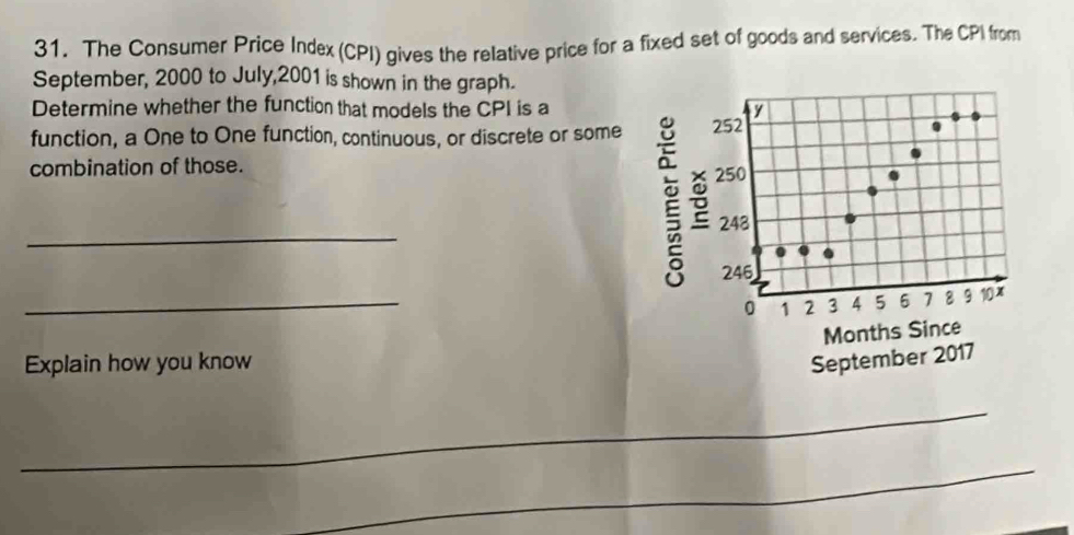 The Consumer Price Index (CPI) gives the relative price for a fixed set of goods and services. The CPI from
September, 2000 to July, 2001 is shown in the graph.
Determine whether the function that models the CPI is a V
function, a One to One function, continuous, or discrete or some 252
combination of those.
250
_
248
246
_
0 1 2 3 4 5 6 1 8 9 10x
Months Since
Explain how you know September 2017
_
_