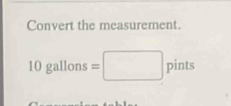 Convert the measurement.
10 gallons = pints