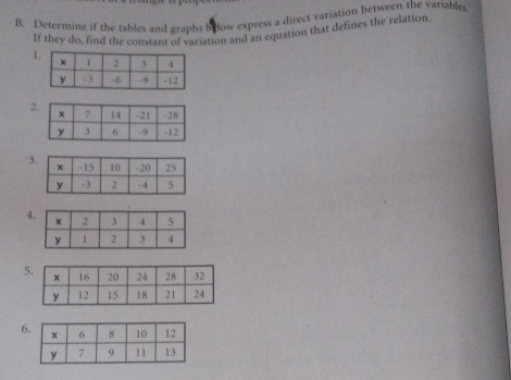 Determine if the tables and graphs brlow express a direct variation between the variables 
If they do, find the constant of variation and an equation that defines the relation. 
1 
2 
3 
4
5
6