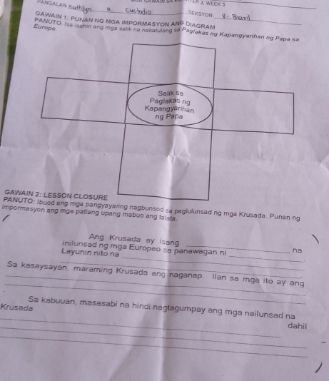 SEKSYON: 
GAWAIN 1: PUNAn nG Mga impormasyoN ANG Diagram_ 
Europe 
PANUTO, Isa-isahin ang mga salik na nakatulong sa Paglakas ng Kapangyari 
GAW 
PANUgbunsod sa paglulunsad ng mga Krusada. Punan ng 
impormasyon ang mga patlang upang mabuo ang talata. 
Ang Krusada ay isang 
_ 
_ 
inilunsad ng mga Europeo sa panawagan ni na 
Layunin nito na 
_. 
_ 
_Sa kasaysayan, maraming Krusada ang naganap. IIan sa mga ito ay ang 
Sa kabuuan, masasabi na hindi nagtagumpay ang mga nailunsad na 
_ 
_Krusada dahil 
_