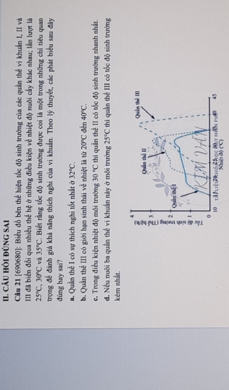 CÂU HỏI ĐÚNG SAI
Câu 21 [690680]: Biểu đồ bên thể hiện tốc độ sinh trưởng của các quần thể vi khuẩn I, II và
III đã biến đổi qua nhiều thế hệ ở những điều kiện về nhiệt độ nuôi cấy khác nhau; lần lượt là
25°C,30°C và 35°C Biết rằng tốc độ sinh trưởng được coi là một trong những chỉ tiêu quan
trọng đề đánh giá khả năng thích nghi của vi khuẩn. Theo lý thuyết, các phát biểu sau đây
đúng hay sai?
a. Quần thể I có sự thích nghi tốt nhất ở 32°C.
b. Quần thể III có giới hạn sinh thái về nhiệt là từ 20°C đến 40°C.
c. Trong điều kiện nhiệt độ môi trường 30°C thì quần thể II có tốc độ sinh trưởng nhanh nhất.
d. Nếu nuôi ba quần thề vi khuần này ở môi trường 25°C thì quần thể III có tốc độ sinh trưởng
kém nhất.