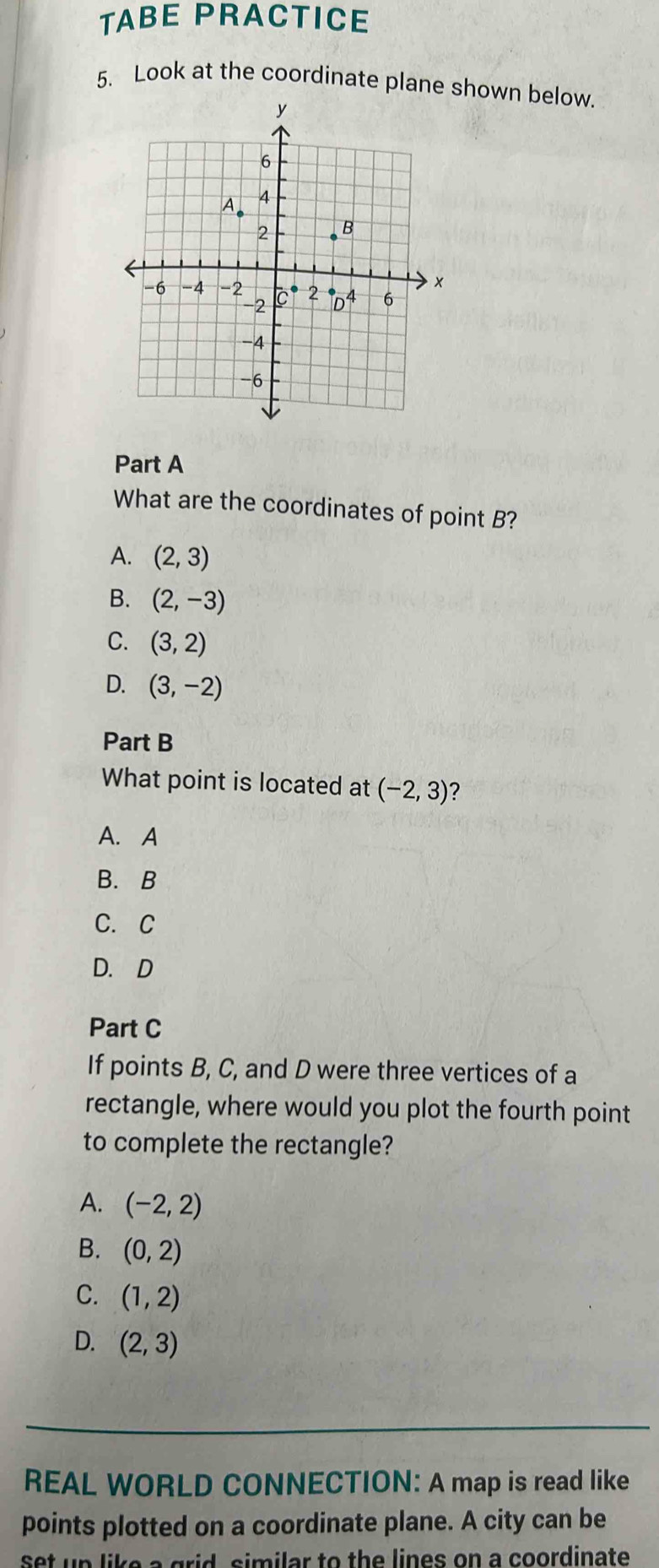 TABE PRACTICE
5. Look at the coordinate plane shown below.
Part A
What are the coordinates of point B?
A. (2,3)
B. (2,-3)
C. (3,2)
D. (3,-2)
Part B
What point is located at (-2,3) 2
A. A
B. B
C. C
D. D
Part C
If points B, C, and D were three vertices of a
rectangle, where would you plot the fourth point
to complete the rectangle?
A. (-2,2)
B. (0,2)
C. (1,2)
D. (2,3)
REAL WORLD CONNECTION: A map is read like
points plotted on a coordinate plane. A city can be
set up like a grid, similar to the lines on a coordinate