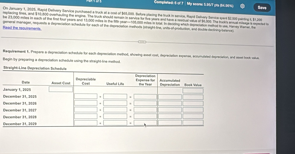 Completed: 6 of 7 My score: 5.95/7 pts (84.96%) Save 
On January 1, 2025, Rapid Delivery Service purchased a truck at a cost of $65,000. Before placing the truck in service, Rapid Delivery Service spent $2,500 painting it, $1,200
replacing tires, and $10,800 overhauling the engine. The truck should remain in service for five years and have a residual value of $6,000. The truck's annual mileage is expected to 
be 23,000 miles in each of the first four years and 13,000 miles in the fifth year — 105,000 miles in total. In deciding which depreciation method to use, Harvey Wamer, the 
general manager, requests a depreciation schedule for each of the depreciation methods (straight-line, units-of-production, and double-declining-balance). 
Read the requirements. 
Requirement 1. Prepare a depreciation schedule for each depreciation method, showing asset cost, depreciation expense, accumulated depreciation, and asset book value. 
Begin by preparing a depreciation schedule using the straight-line method. 
St
