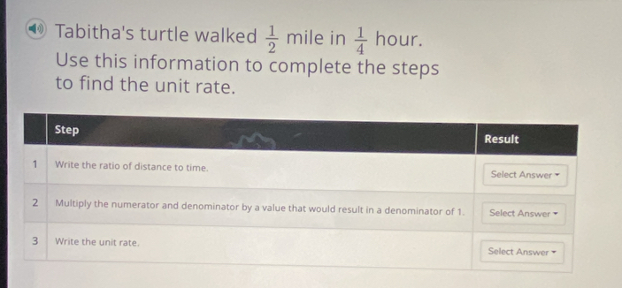 Tabitha's turtle walked  1/2  n hile in  1/4 hour. 
Use this information to complete the steps 
to find the unit rate.