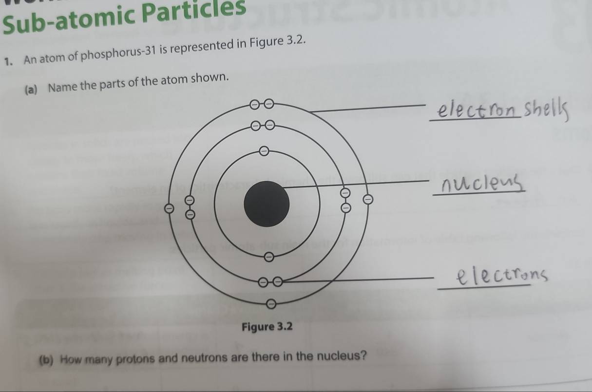 Sub-atomic Particles 
1. An atom of phosphorus- 31 is represented in Figure 3.2. 
(a) Name the parts of the atom shown. 
(b) How many protons and neutrons are there in the nucleus?