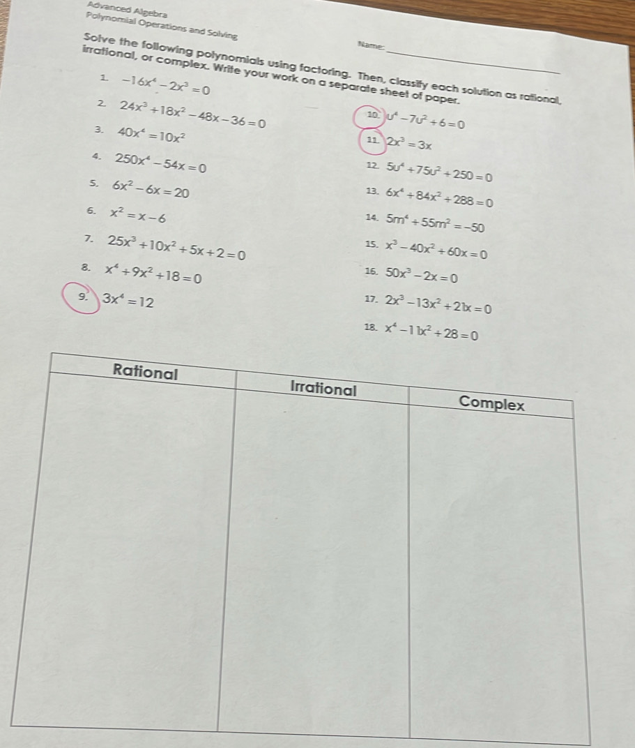 Advanced Algebra 
Polynomial Operations and Solving 
Name: 
Solve the following polynomials using factoring. Then, classify each solution as rational, 
irrational, or complex. Write your work on a separate sheet of paper. 
1 -16x^4-2x^3=0
2 24x^3+18x^2-48x-36=0
10 u^4-7u^2+6=0
3. 40x^4=10x^2 11. 2x^3=3x
4. 250x^4-54x=0
12. 5u^4+75u^2+250=0
5. 6x^2-6x=20
13. 6x^4+84x^2+288=0
6. x^2=x-6
14. 5m^4+55m^2=-50
7. 25x^3+10x^2+5x+2=0 15. x^3-40x^2+60x=0
8. x^4+9x^2+18=0 16. 50x^3-2x=0
9. 3x^4=12 17. 2x^3-13x^2+21x=0
18. x^4-11x^2+28=0