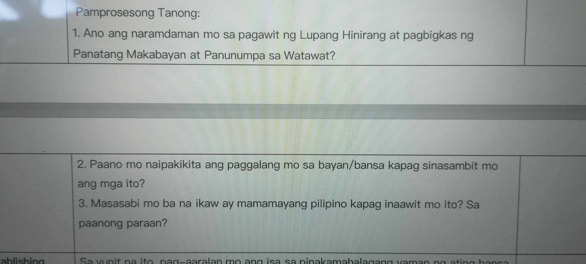 Pamprosesong Tanong: 
1. Ano ang naramdaman mo sa pagawit ng Lupang Hinirang at pagbigkas ng 
Panatang Makabayan at Panunumpa sa Watawat? 
2. Paano mo naipakikita ang paggalang mo sa bayan/bansa kapag sinasambit mo 
ang mga ito? 
3. Masasabi mo ba na ikaw ay mamamayang pilipino kapag inaawit mo ito? Sa 
paanong paraan? 
ablishing