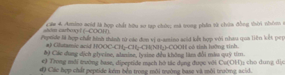 Amino acid là hợp chất hữu sơ tạp chức; mả trong phân tử chứa đồng thời nhóm ở 
ahóm carboxyl (-COOH). 
Peptide là hợp chất hình thành từ các đơn vị α-amino acid kết hợp với nhau qua liên kết pep 
a) Glutamic acid HOOC-CH_2-CH_2-CH(NH_2) --COOH có tính lưỡng tính. 
b) Các đung dịch glycine, alanine, lysine đều không làm đổi màu quỹ tím. 
e) Trong môi trường base, dipeptide mạch hở tác dụng được với Cu(OH)_2 cho dung djc 
d) Các hợp chất peptide kém bền trong môi trường base và môi trường acid.