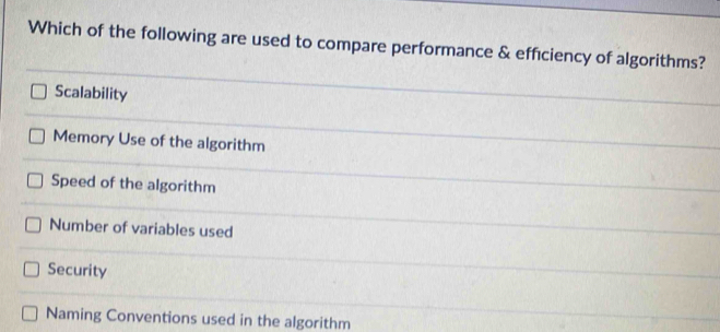 Which of the following are used to compare performance & efficiency of algorithms?
Scalability
Memory Use of the algorithm
Speed of the algorithm
Number of variables used
Security
Naming Conventions used in the algorithm