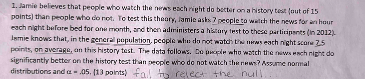 Jamie believes that people who watch the news each night do better on a history test (out of 15
points) than people who do not. To test this theory, Jamie asks 7 people to watch the news for an hour
each night before bed for one month, and then administers a history test to these participants (in 2012). 
Jamie knows that, in the general population, people who do not watch the news each night score 7.5
points, on average, on this history test. The data follows. Do people who watch the news each night do 
significantly better on the history test than people who do not watch the news? Assume normal 
distributions and alpha =.05. (13 points)