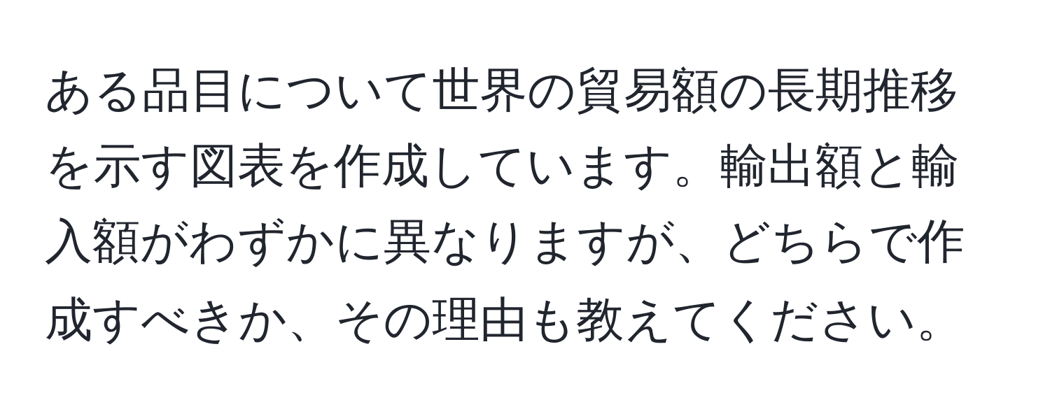 ある品目について世界の貿易額の長期推移を示す図表を作成しています。輸出額と輸入額がわずかに異なりますが、どちらで作成すべきか、その理由も教えてください。