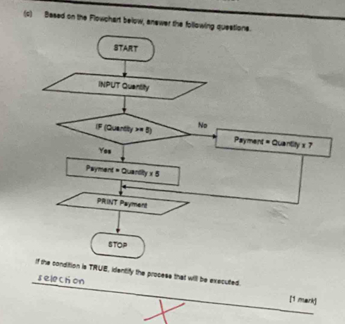 Besed on the Flowchart below, answer the followin
TRUE, identify the process that will be executed.
selection
[1 mark]