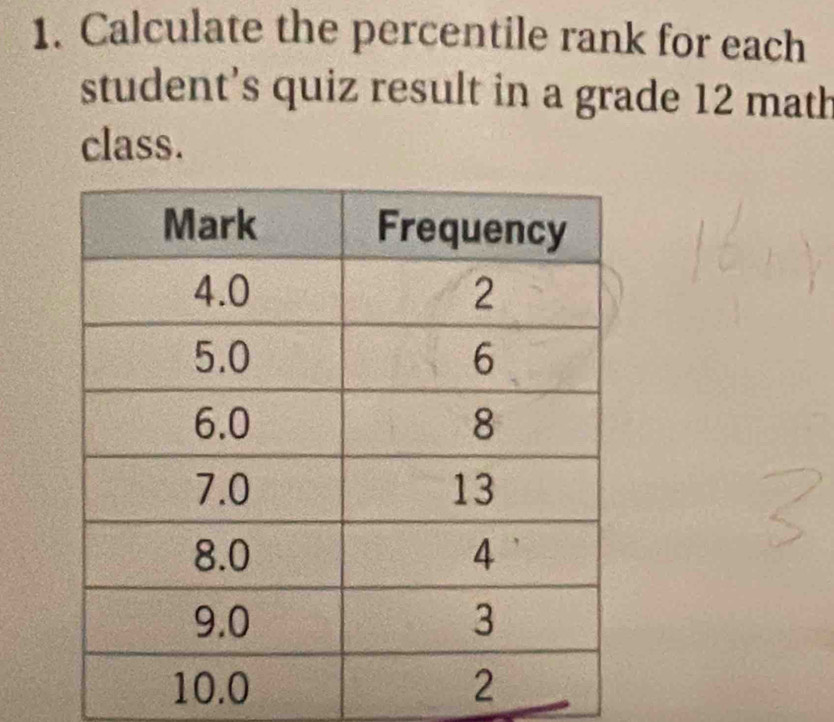 Calculate the percentile rank for each 
student's quiz result in a grade 12 math 
class.