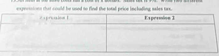 3An hem at the store costs has a cost of k domars. Saes tie is 9%,Whs t98 aferem 
expressions that could be used to find the total price including sales tax.