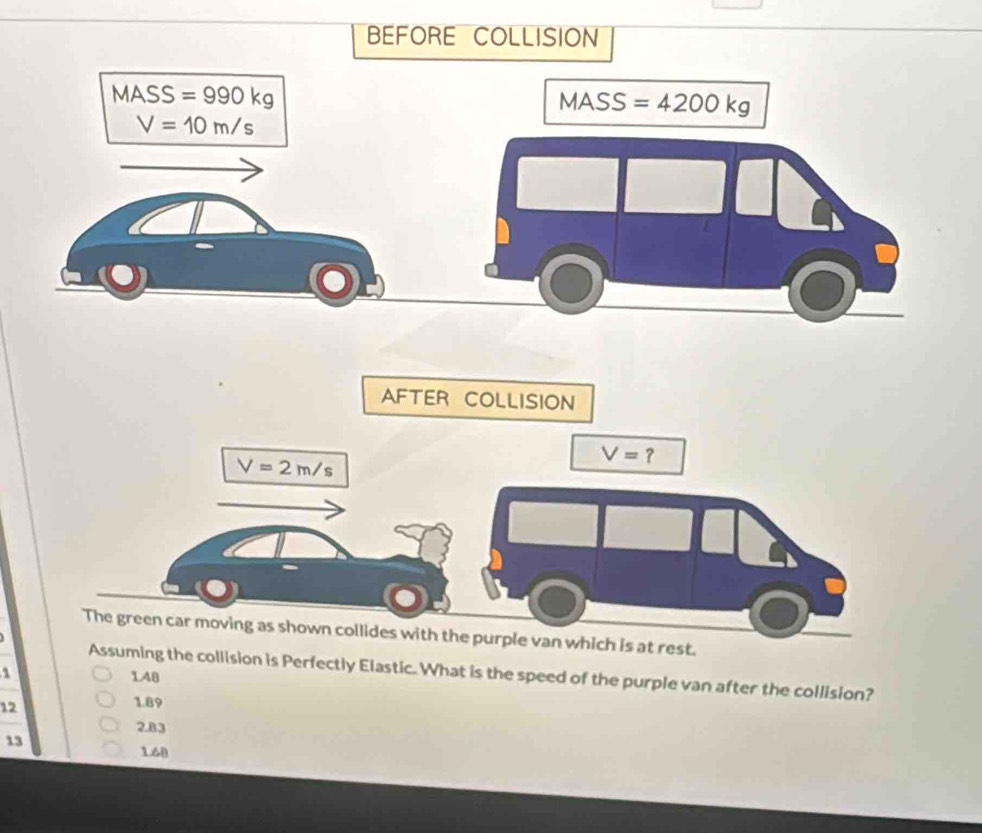 BEFORE COLLISION
MASS=990kg
MASS =4200kg
V=10m/s
AFTER COLLISION
V=2m/s
V= ?
The green car moving as shown collides with the purple van which is at rest.
Assuming the collision is Perfectly Elastic. What is the speed of the purple van after the collision?
148
12
1.89
2.B3
13
168