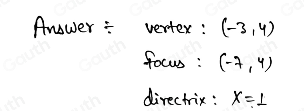 Anower : vertex: (-3,4)
focus : (-7,4)
directrix: x=1