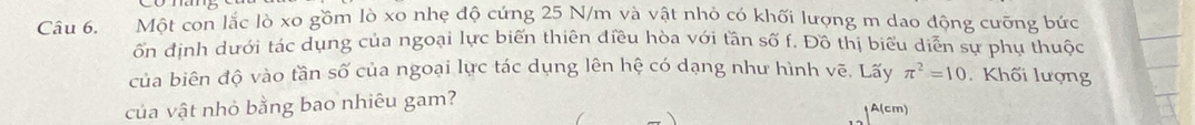 Một con lắc lò xo gồm lò xo nhẹ độ cứng 25 N/m và vật nhỏ có khối lượng m dao động cưỡng bức 
ốn định dưới tác dụng của ngoại lực biến thiên điều hòa với tần số f. Đồ thị biểu diễn sự phụ thuộc 
của biên độ vào tần số của ngoại lực tác dụng lên hệ có dạng như hình vẽ. Lấy π^2=10 Khối lượng 
của vật nhỏ bằng bao nhiêu gam? 
A(cm)