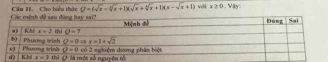 Cho biểu thức Q=(sqrt(x)-sqrt[4](x)+1)(sqrt(x)+sqrt[4](x)+1)(x-sqrt(x)+1) với x≥ 0. Vậy: