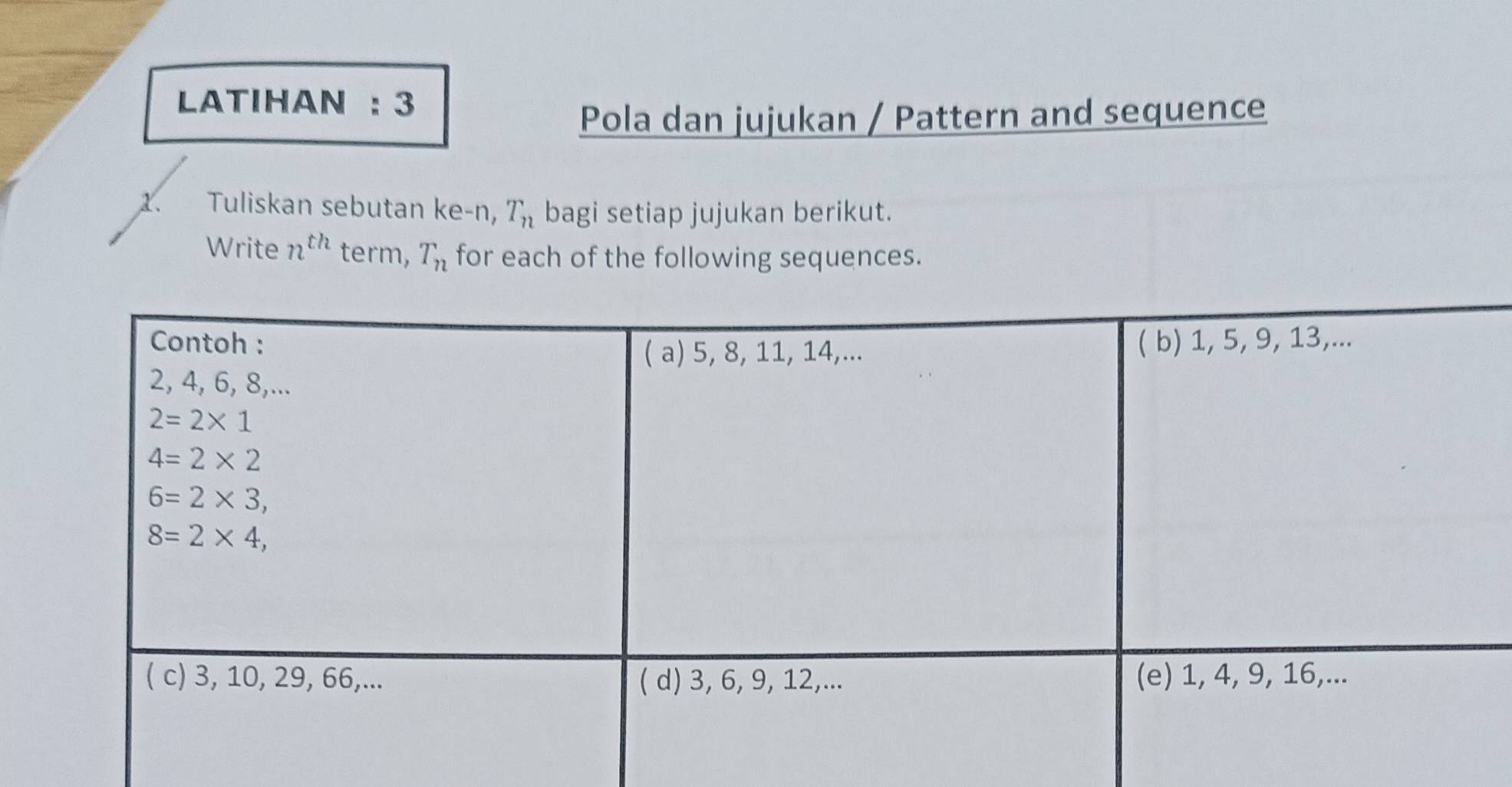 LATIHAN ： 3
Pola dan jujukan / Pattern and sequence
1、 Tuliskan sebutan ke-n, T_n bagi setiap jujukan berikut.
Write n^(th) term, T_n for each of the following sequences.