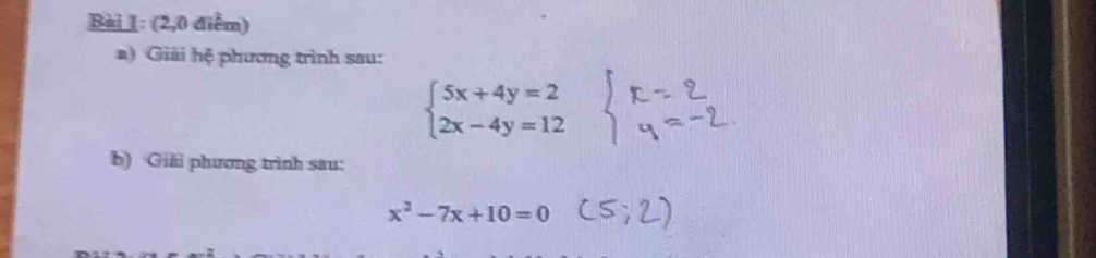 (2,0 điễm) 
a) Giải hệ phương trình sau:
beginarrayl 5x+4y=2 2x-4y=12endarray.
b) Giải phương trình sau:
x^2-7x+10=0